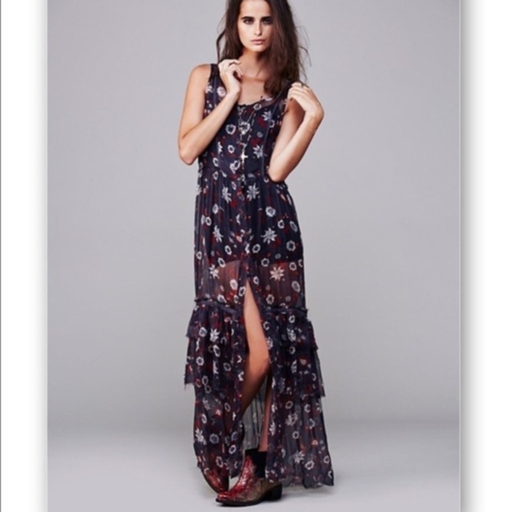 Free People Lucy Sheer Navy Slip Maxi Dress